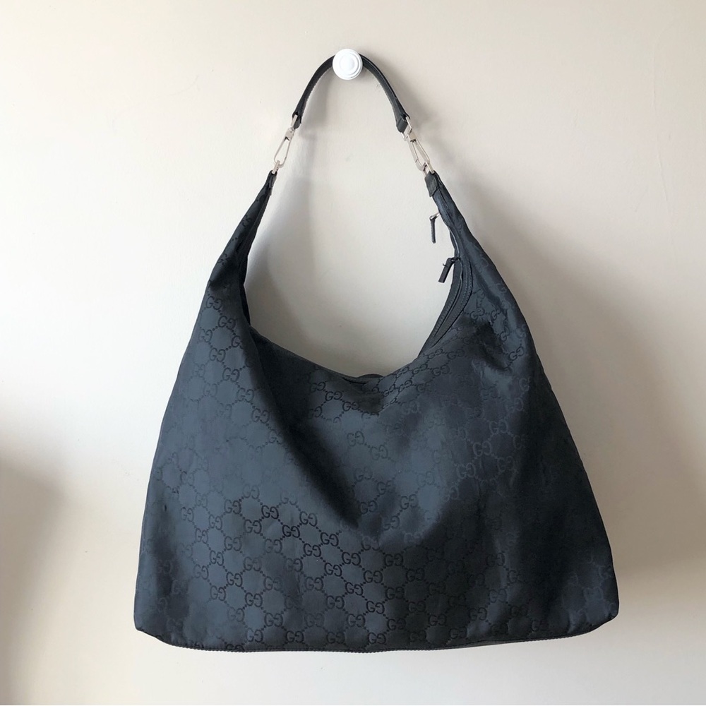 Rare Gucci Black GG Nylon & leather Extra Large Hobo Carry All weekend bag - Picture 3 of 13